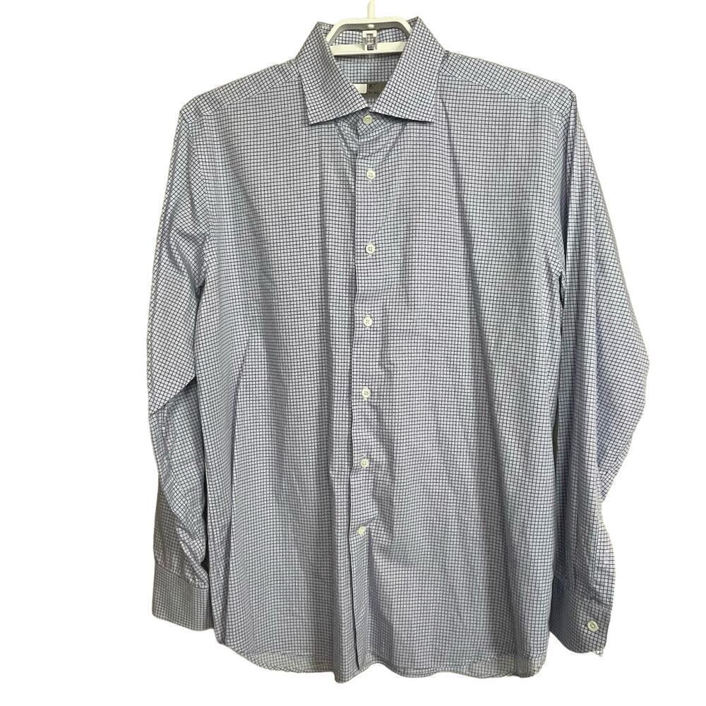 Canali 1934 Shirt Men's 43 17 Blue Gray Long Sleeve Button Up Plaid Italy